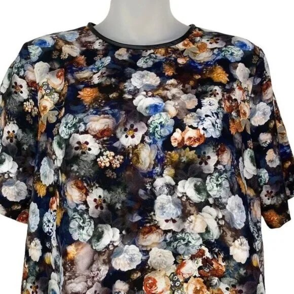 NWT ZARA‎ WOMAN BLACK FLORAL FAUX LEATHER TRIM BUTTON BACK BLOUSE LARGE - Picture 3 of 7